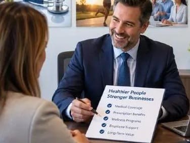 Employee benefits insurance advisor meeting with a client insurance book of business for sale